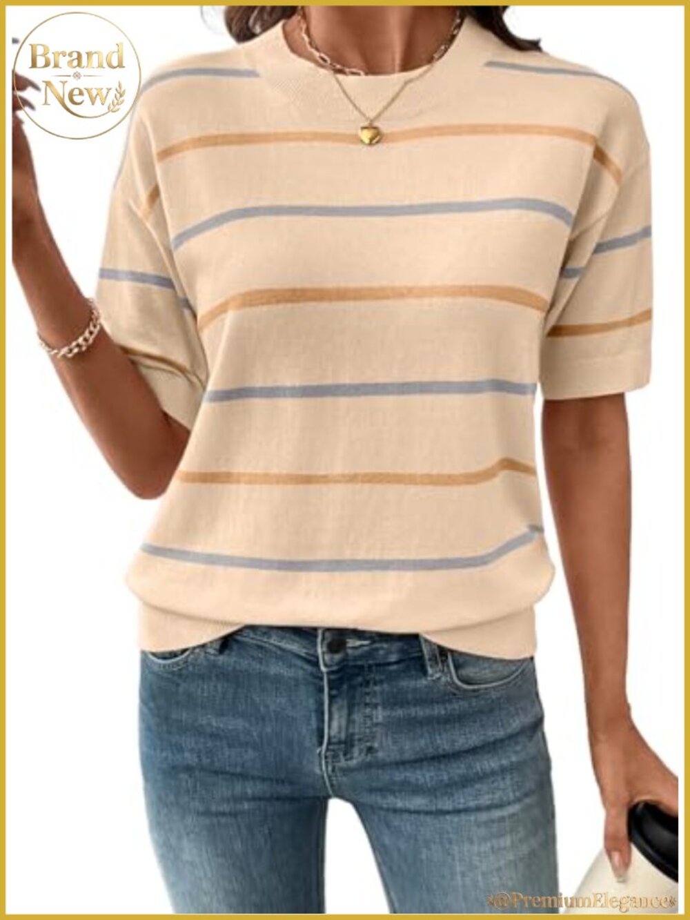 Women's Knit Striped Short Sleeve Crewneck Pullover Sweater